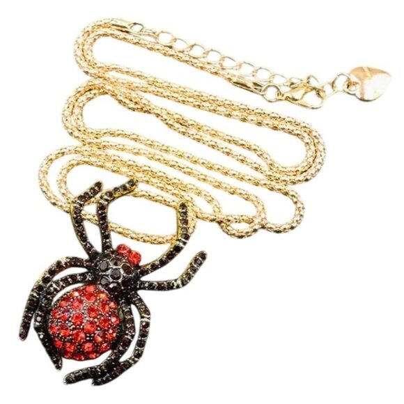 Betsey Johnson Necklace Red & Black Crystal Spider Brooch Pendant Gold Tone - Picture 1 of 2